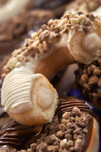 Close up of various doughnuts